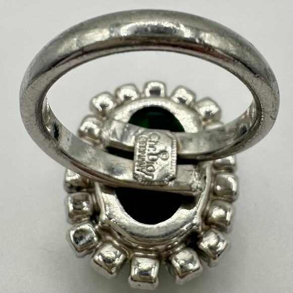 Christian Dior Germany vintage rhodium plated green clear rhinestones ring 6.5 - Picture 6 of 8